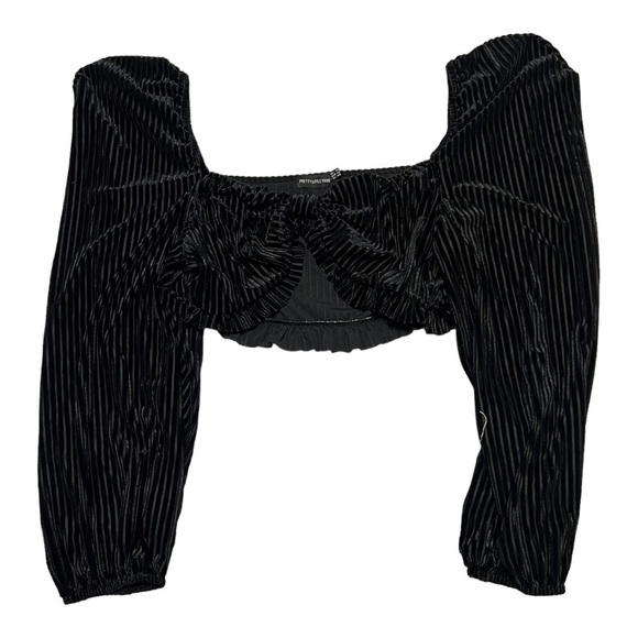 Pretty Little Thing Black Velvet Ribbed Cropped Top Long Puff Sleeve Square Neck - Picture 1 of 6